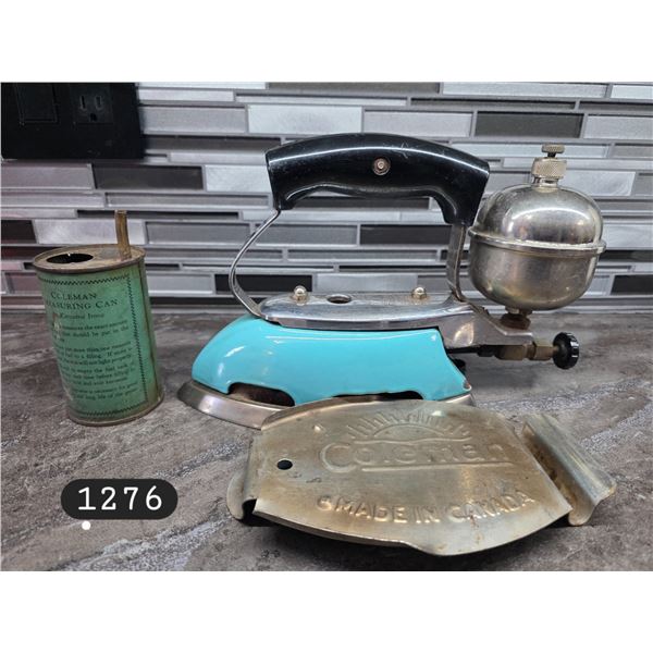 Vintage Coleman Model #11 Kerosine Clothes Iron w/ Stand, Coleman Measuring Can