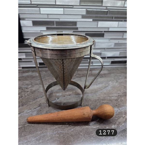 Vintage Metal Strainer, Wooden Pestle