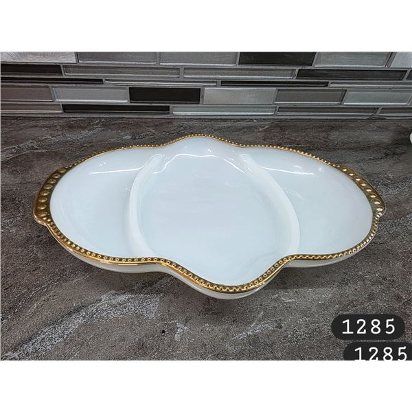 Anchor Hocking Fire King Gold Plated Milk Glass Relish Dish