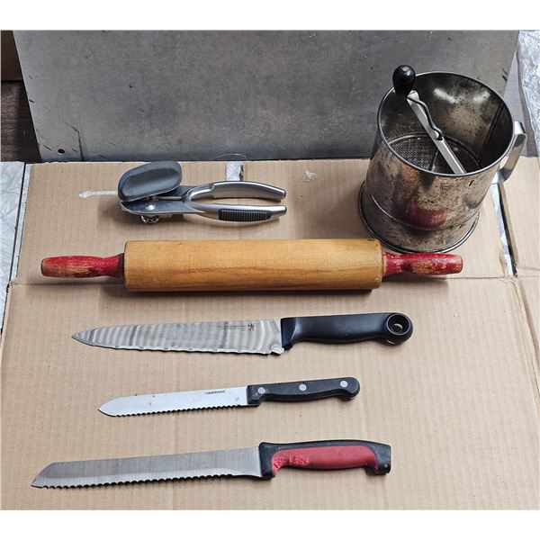 Sifter, Can Opener, Rolling Pin, (3) Knives