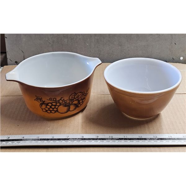 Vintage Pyrex "Old Orchard" Casserole Dish #473, Pyrex Brown Mixing Bowl 1.5 pint #401