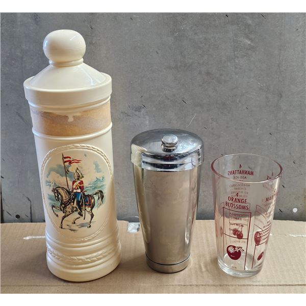 Vintage Seagram's VO Plastic Bottle Container, Vintage Federal Glass Cocktail Recipe Glass, Stainles