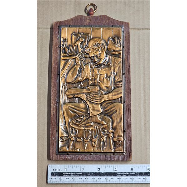 Vintage 1975 Albert Nadeau Copper Plaque "The Cobbler" - Canadian Artist.