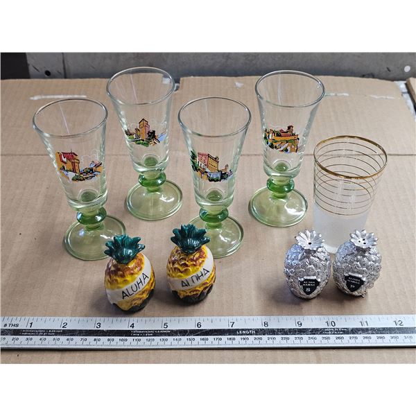 (4) Vintage Green Tinted Souvenir Stemmed Shot Glasses "Italy", (2) Souvenir S&P Shakers, (1) Vintag