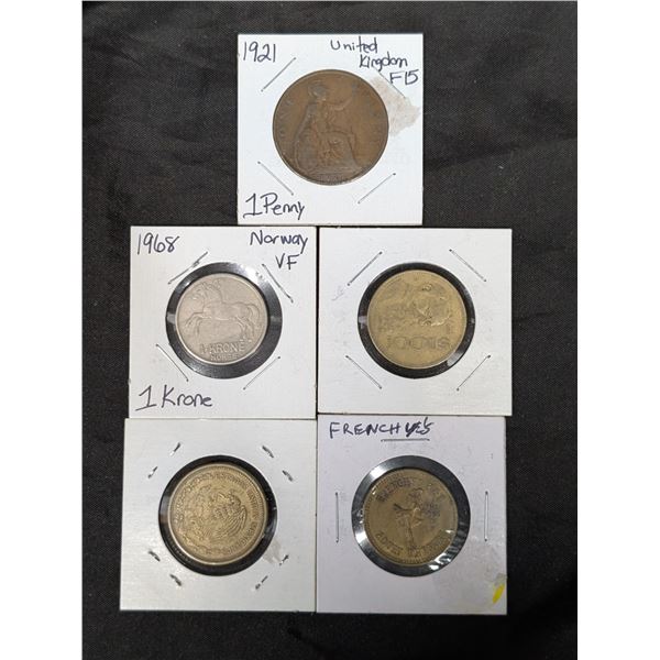 (5) Foreign Coins (United kingdom, France, krone)