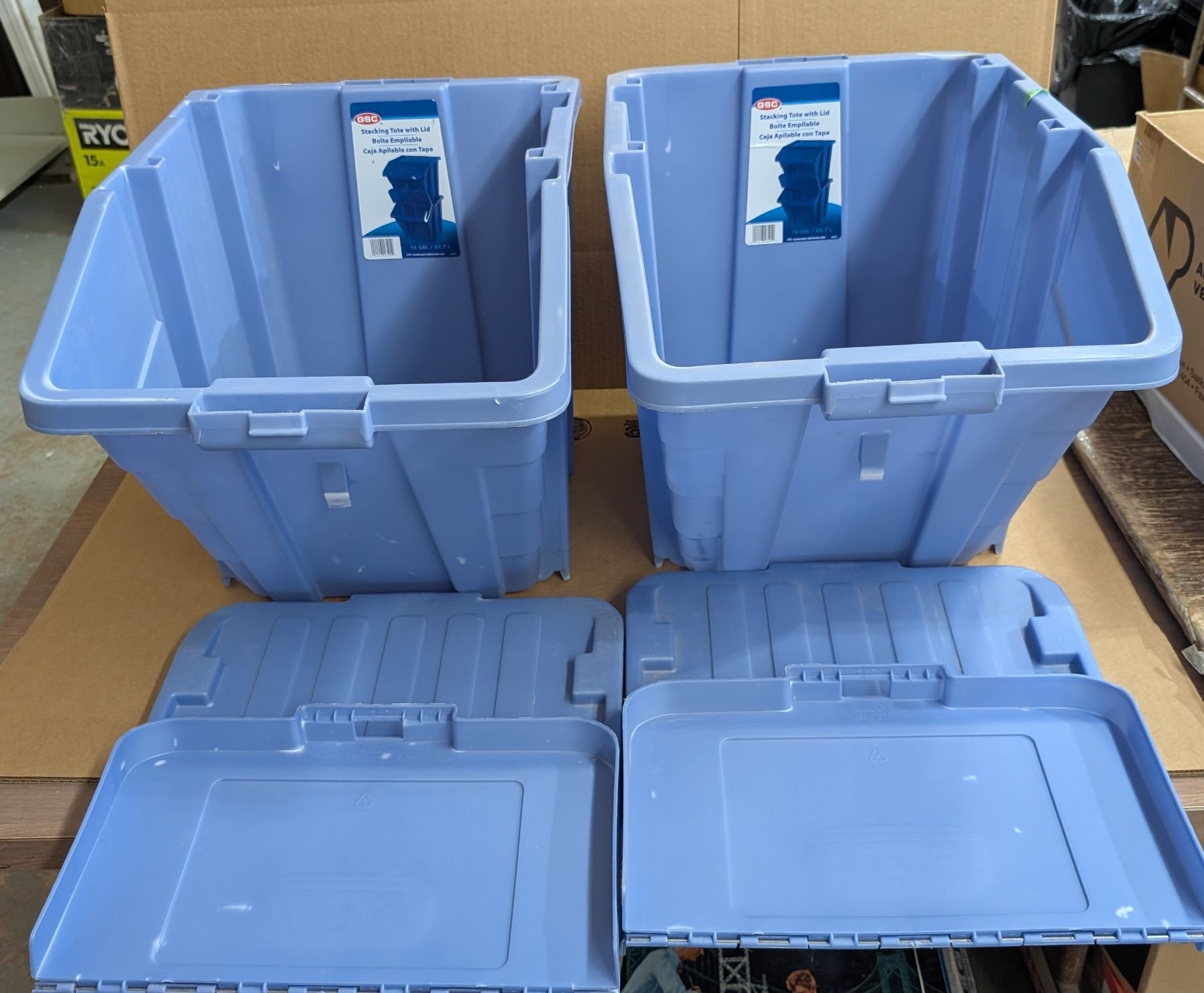 Used Stackable Plastic Totes (2) Stacking totes 60L w/ Lids (Used) - Schmalz Auctions