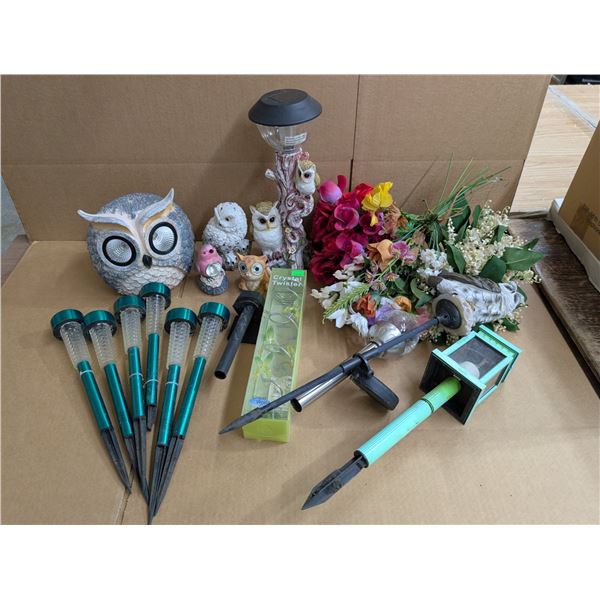 Lot of Misc. Garden Solar Lanterns, Owl Decor, and Crystal Twister