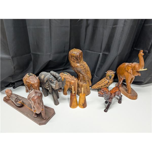 Lot of Wooden Decor Owls and Elephants