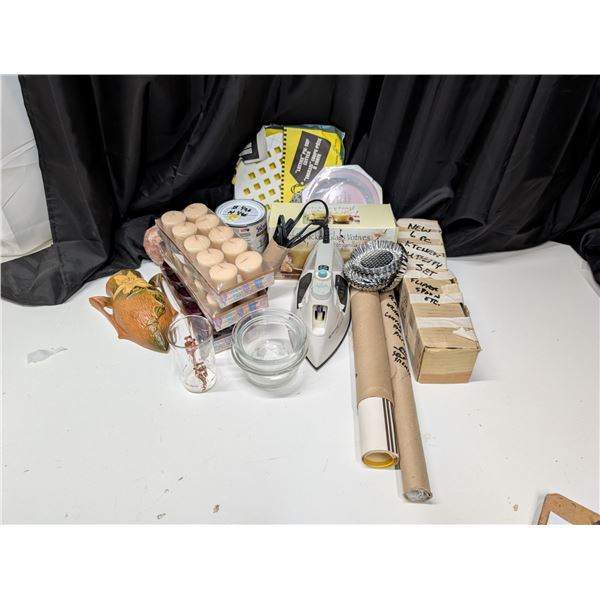 Box of Misc. Items as Shown W/ Pyrex Small Bowl and Robin Hood Glass Cup