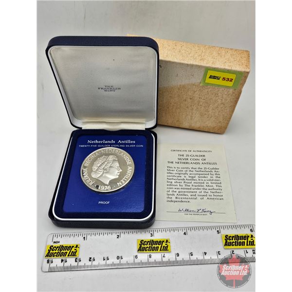 The Franklin Mint : Netherlands Antilles : Twenty-Five Guilder Sterling Silver Coin Proof (Estate Lo