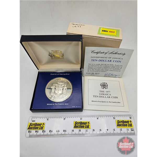 The Franklin Mint : Jamaica : 1977  Ten Dollar Sterling Silver Proof Coin (COA) (Estate Lot)