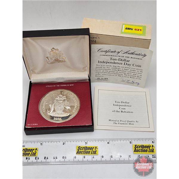 The Franklin Mint : 1974 Commonwealth of the Bahamas : Independence $10 Sterling Silver Proof Coin (