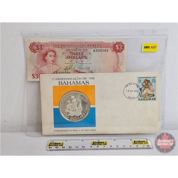 Collector Combo (2) : Bahamas ~ 1965 $3 Bill ~ 1973 $10 First Day of Issue Cachet & Sterling Silver 
