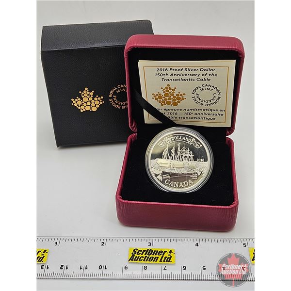 RCM Canada 2016 Proof Silver Dollar : 150th Anniversary of the Transatlantic Cable (COA 99.99%) (Est