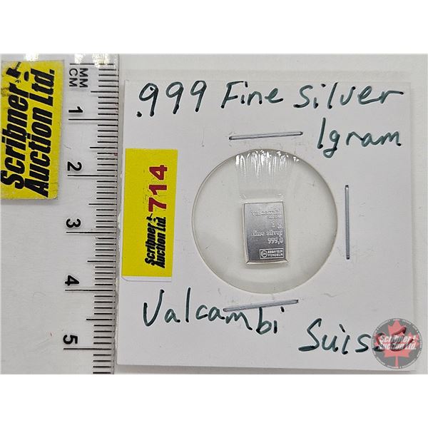 Canada .999 Fine Silver : One-Gram : Valcambi Suisee  (GST Exempt)