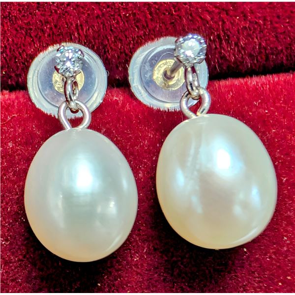 10K FRESH WATER PEARL AND LAB DIAMOND EARRING