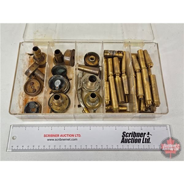 Brass Powder Horn Parts w/Plastic Organizer (Organizer Measures : 2-1/2"H x 11"W x 7"D)