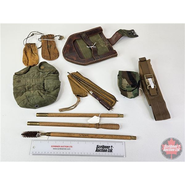 Variety of Vintage Military Pouches, Cleaning Rod, Shovel Protector, etc