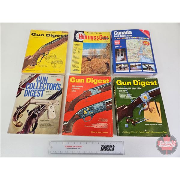 Paperback Books (6) :  - Canada Backroads Atlas - Hunting & Gun Annual 1955 - Gun Digest (4)