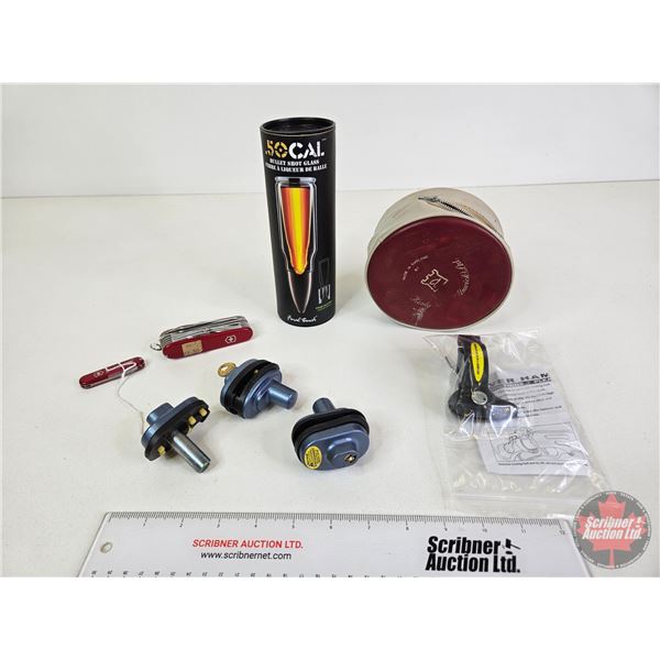 50cal Bullet Shot Glasses (2) (New in Box), Swiss Army Knives (2), Lever Lock, Trigger Locks (2) & F