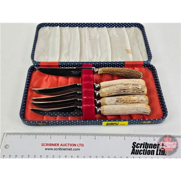 Stainless Steel Sheffield, England Knife Set (5) : - Mutual (4) - Cox Co Ltd (Case Measures : 2"H x 