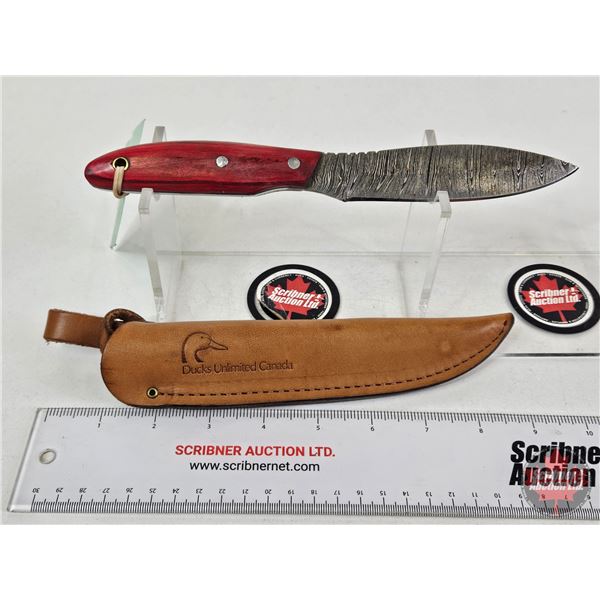 Belt Knife w/Leather Ducks Unlimited Sheath (Consignor Tag ~ Damascus Leaf-Point : Laminate Handle) 