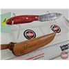 Image 3 : Belt Knife w/Leather Ducks Unlimited Sheath (Consignor Tag ~ Damascus Leaf-Point : Laminate Handle) 