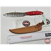 Image 4 : Belt Knife w/Leather Ducks Unlimited Sheath (Consignor Tag ~ Damascus Leaf-Point : Laminate Handle) 