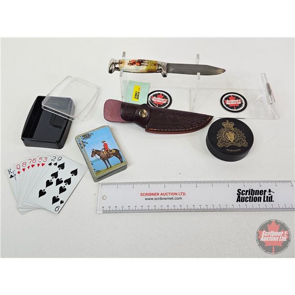 Vintage RCMP Collector Trio :  - Richards Tent Brand Knife w/Sheath - Hockey Puck - Playing Cards