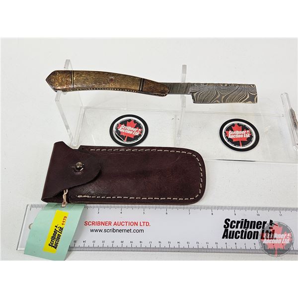 Folding Straight Razer w/Sheath  (Consignor Tag ~ Damascus Straight Razor w/Brass Handle)  (Open Mea