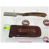 Image 4 : Folding Straight Razer w/Sheath  (Consignor Tag ~ Damascus Straight Razor w/Brass Handle)  (Open Mea