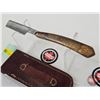 Image 5 : Folding Straight Razer w/Sheath  (Consignor Tag ~ Damascus Straight Razor w/Brass Handle)  (Open Mea