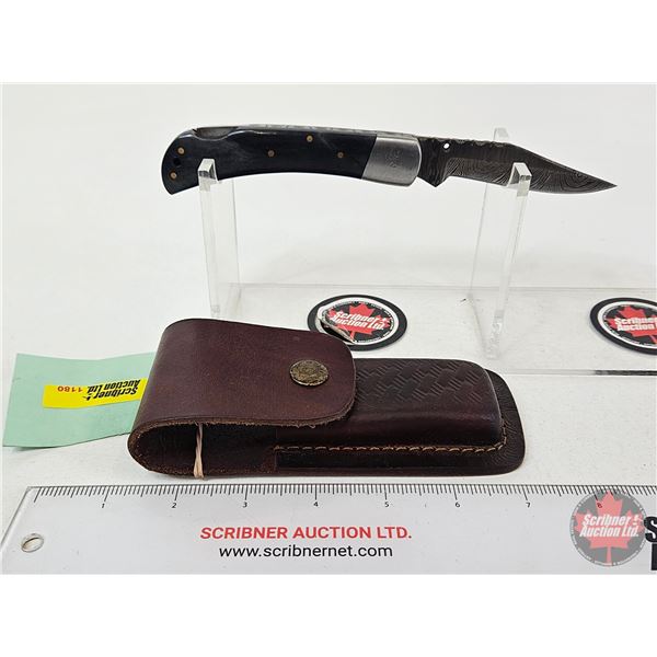 Folding Pocket Knife w/Leather Sheath (Consignor Tag ~ Damascus Folder Micarta Handle) (Open Measure