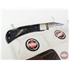 Image 3 : Folding Pocket Knife w/Leather Sheath (Consignor Tag ~ Damascus Folder Micarta Handle) (Open Measure