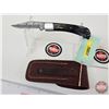 Image 4 : Folding Pocket Knife w/Leather Sheath (Consignor Tag ~ Damascus Folder Micarta Handle) (Open Measure