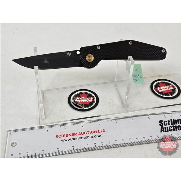 Pocket Knife (Consignor Tag ~GT USA Manual Drop Point Knife : ATS 34 Steel Blade Brass Button) (Open