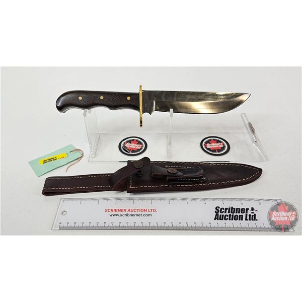 Belt Knife w/Leather Sheath  (Consignor Tag ~ Stainless Bowie Walnut Handle Brass Guard & Pins) (Tot