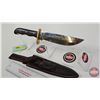 Image 2 : Belt Knife w/Leather Sheath  (Consignor Tag ~ Stainless Bowie Walnut Handle Brass Guard & Pins) (Tot