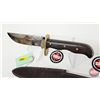 Image 5 : Belt Knife w/Leather Sheath  (Consignor Tag ~ Stainless Bowie Walnut Handle Brass Guard & Pins) (Tot