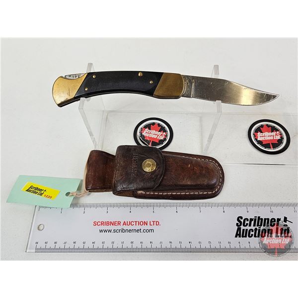 Folding Knife w/Leather Sheath (Consignor Tag ~ Colonial Folder : Stainless : USA) (Open Measures : 