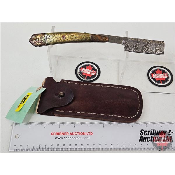Folding Straight Razer w/Sheath  (Consignor Tag ~ Damascus Straight Razor w/Brass Handle)  (Open Mea