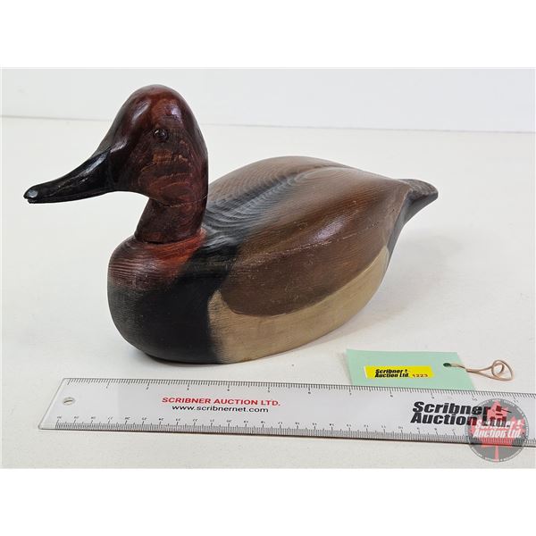 Wooden Duck Decoy (Consignor Tag ~ Handcarved Redhead Drake signed by Jan Weatherby c.1997) (Measure