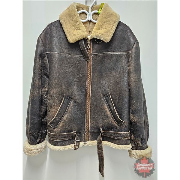 Vintage Sheepskin Leather Bomber Jacket (Size : Small/Medium)