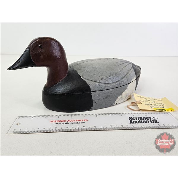 Wooden Duck Decoy (Consignor Tag ~ Vintage Redhead Drake : Working Decoy : Hand Carved & Painted) (M