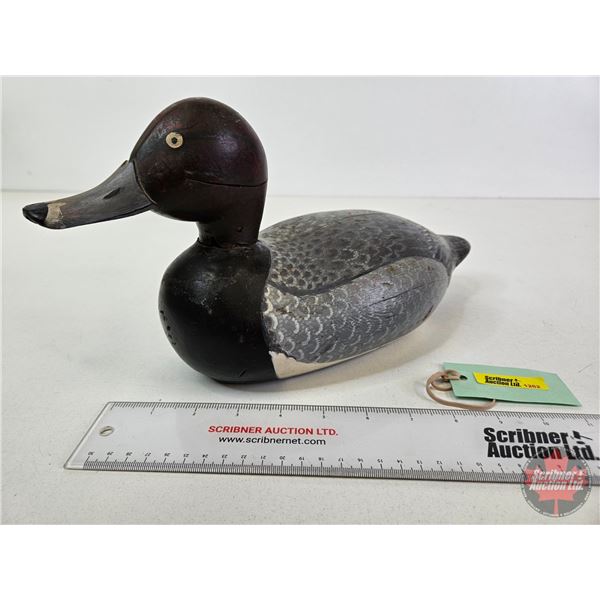 Wooden Duck Decoy (Consignor Tag ~ Redhead Drake : Working Decoy : Hollow Body : Found in Quebec : U