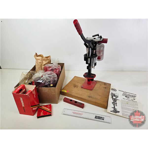 MEC 600JR Mark V Shotshell Reloader (12ga) w/Variety of Hulls & Primers (Mounted on Plywood Base) (M