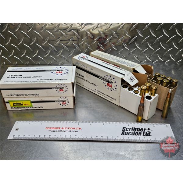 AMMO & Brass: - Winchester USA 7.62mm (147gr FMJ) (2 Boxes of 20 & 1 Box 4 + 16 Brass) - Winchester 