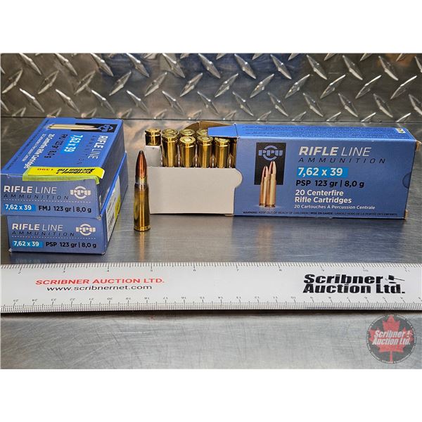 AMMO: PPU Rifle Line : 7.62 x 39 (123gr PSP) (3 Boxes of 20 Rnds) (60 Rnds TOTAL)