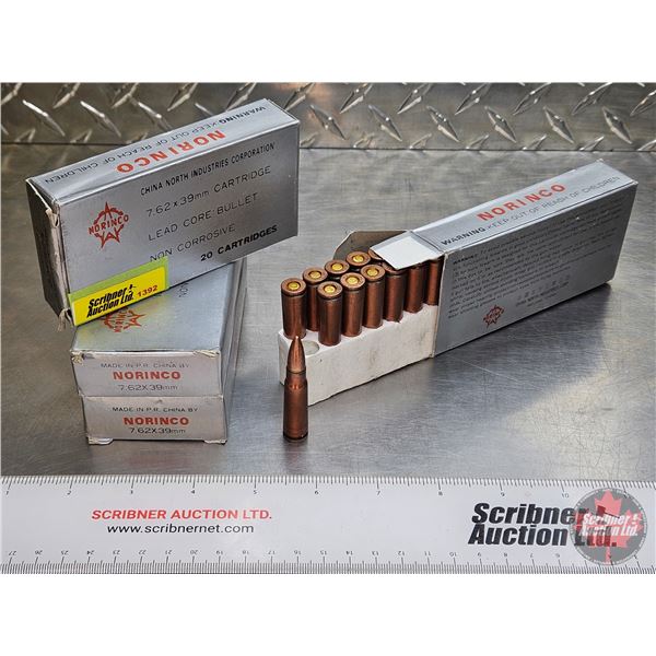 AMMO: Norinco Lead Core Bullet : Non-Corrosive : 7.62 x 39 (3 Boxes of 20 & 1 Box of 19) (79 Rnds TO