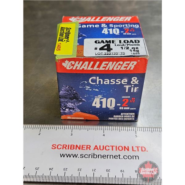 AMMO : Challenger Game & Sporting .410ga (2-1/2") (1/2oz - #4 Shot) (1 Box of 25 Rnds TOTAL)